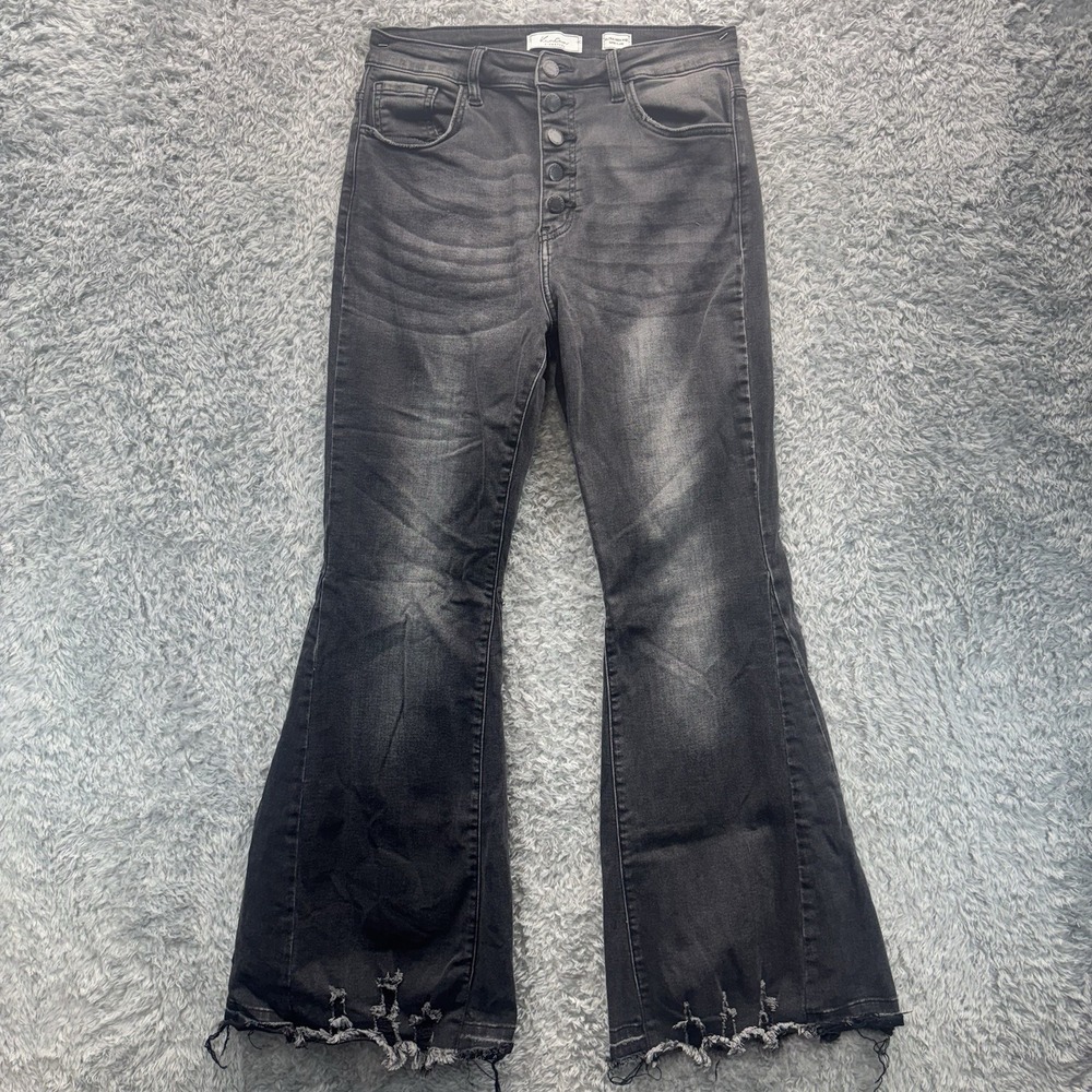 KanCan Signature Ultra High Rise Super Flare Jeans Gray Frayed Hem Womens 28